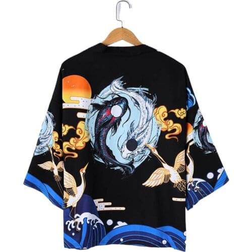 Chinese Style Kimono Yukata 2021 Women Casual Crane Print Shirt Clothes Traditional Kimonos Men Japanese Coat V2052