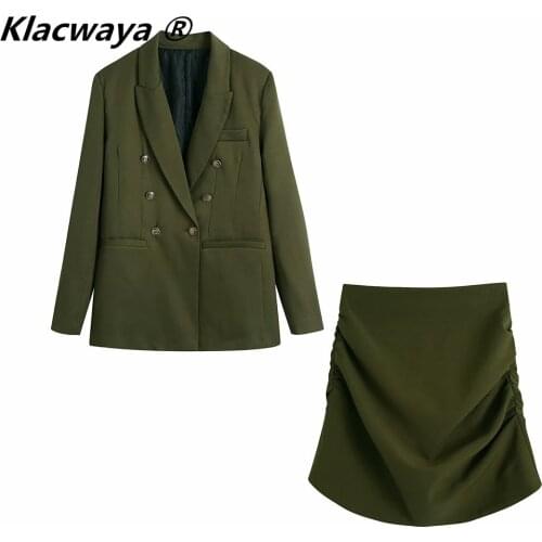 Klacwaya Women Fashion Two-Piece Set Vintage Dark green Double Breasted Blazer Female High Waist Side Pleated Mini Skirt Suit