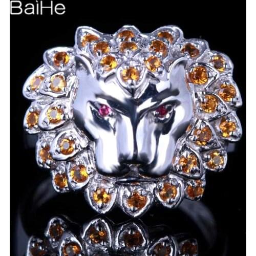 BAIHE Solid 14K White Gold 0.6CT H/SI Round Genuine Rubies/Citrine Wedding Women Trendy Fine Jewelry lion Citrine Ring