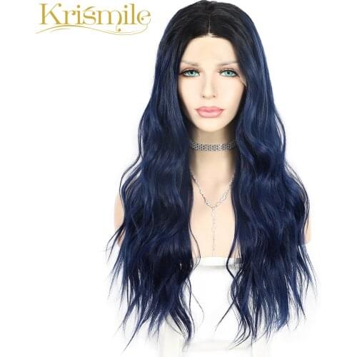 Krismile Long Wavy Synthetic Wigs T Part Lace Dark Roots Blue Middle Part Wig High Temperature Party Cosplay Daily for Women