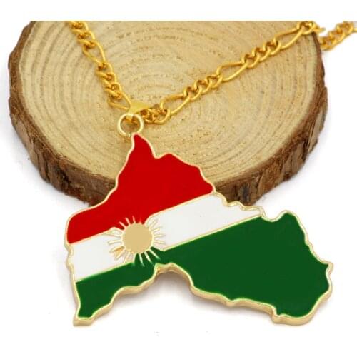 Kurdistan Gold Enamel Pendant Necklace Flag Region Map Kurdish Large Chain