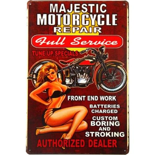 The Majestic Motorcycle repair sign with Pin Up Girl ,is a great garage or man cave sign