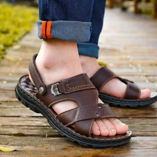 Men Sandals Summer New Dad Shoes Cowhide Casual Beach Shoes Leather Thick-soled Non-slip Mid-life Sandals Breathable Heighten
