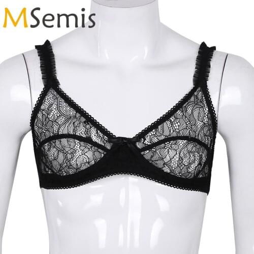 Mens Sissy Lingerie Sissy Bra Mens Bralette Male Underwear Soft Sheer Floral Lace Adjustable Straps Wire-free No Padded Bra Tops