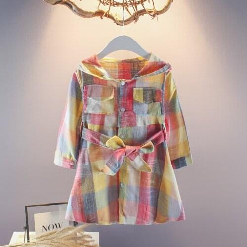2019 spring new plaid dress Girl cotton dress plaid dress Girl long sleeve windbreaker jacket Girl plaid hooded dress