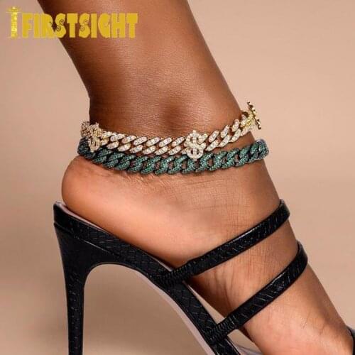 New 10MM Iced Out Bling Gold Silver Color US Dollar Sign Anklet AAA Cubic Zircon Cuba Chain Hip Hop Women Fashion Rock Jewelry
