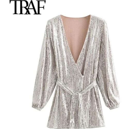 TRAF Women Chic Fashion With Belt Shiny Sequin Wrap Mini Dress Vintage Deep V Neck Long Sleeve Female Dresses Vestidos