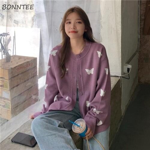 Sweaters Women Knitting Female Clothing Artistic Elegant Lady Simple Loose Vintage Newest Cardigans Spring Butterfly-Print Chic