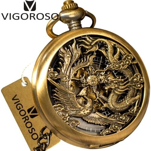 New Bronze Steel Vintage Retro Steampunk Skeleton Designer Dragon&Phoenix Mechanical Hand Wind Pocket Watch FOB Chain Clock