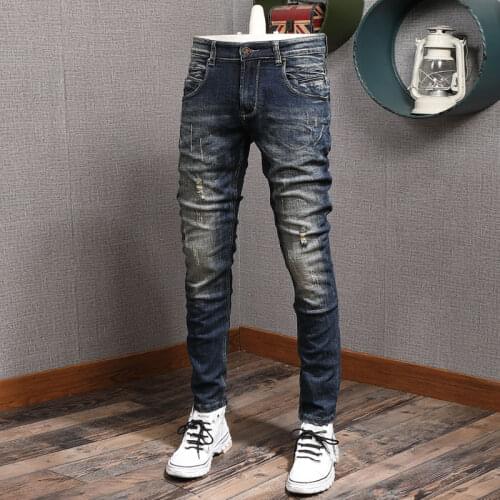 European American Vintage Fashion Men Jeans Retro Blue Slim Fit Ripped Jeans Men Streetwear Spliced Designer Denim Punk Pants