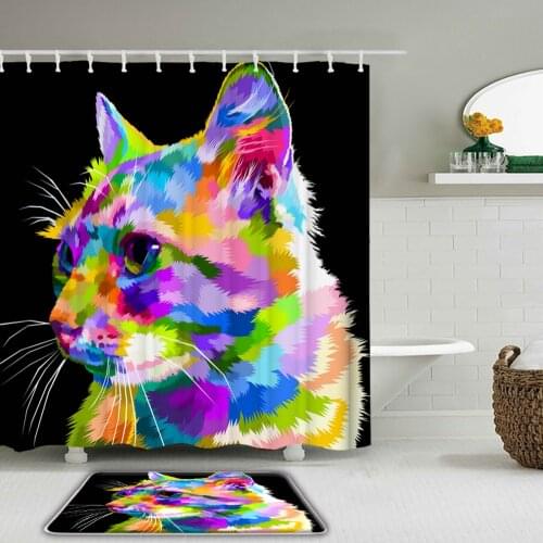 3D Colorful Cat Dog lion Tiger Fabric Waterproof Shower Curtain Set Mat Animal Bathroom Curtains Non-Slip Toilet Bath Mat