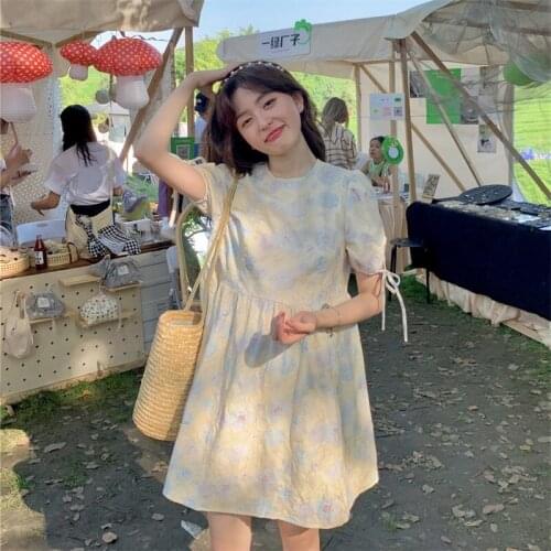 Japanese Summer New Sweet Soft Girly Preppy Style Dress Kawaii O-Neck Puff Sleeve Bow Vintage Flowers Loose Tender Dresses