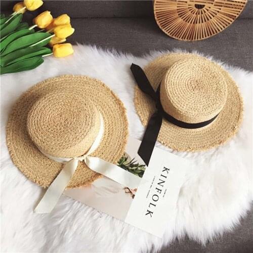 Women Summer Beach Raffia Sunhat with Ribbon Bow Raffia Hat Temperament Flat Straw Hats Womens Boater Sunhat Raffia Sun Hat