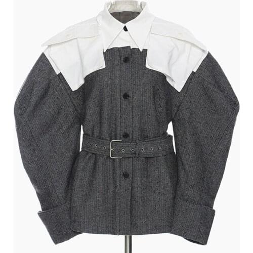 Women Winter Cape Coat Colorblock High Waist Sashes Tunic Wide Shoulder High Street Jacket 2021