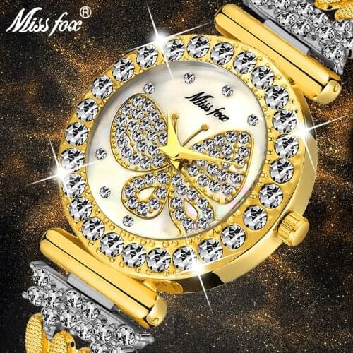 MISSFOX Butterfly Womens Watch Top Luxury Brand Diamond 18k Gold Silver Ladies Watch Waterproof Creative Design Wristwatch 2019