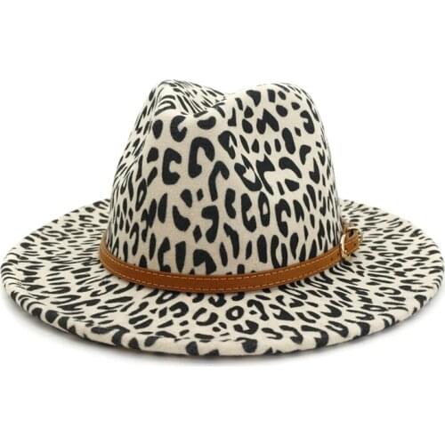Women Fedora Hats Fashion Flat Wide Brim Wool Felt Jazz Fedora Hats Leopard Hat