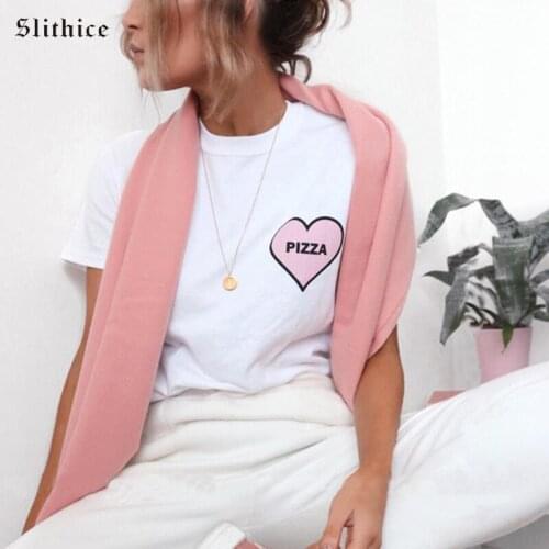 Slithice PIZZA Heart Print T-shirts harajuku womens shirt Casual Short Sleeve White tshirt Summer Woman T-shirt streetwear