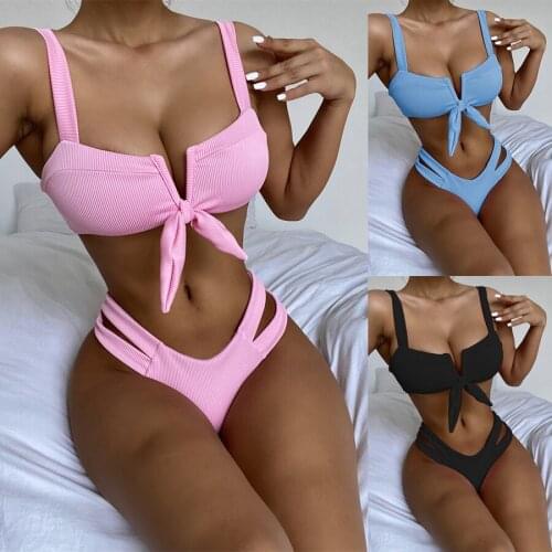 2021 Swimsuit Bikini Solid Sexy Swimwear Women Comfortable High Waist Bow Strap Brazilian 2 Piece Bandage Push Up Black Swimwear