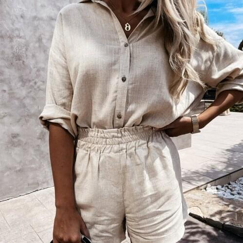Summer Women Linen Shorts Set 2021 Turn-down Collar Long Sleeve Top Shirt And Shorts Casual Two Pieces Set Loose Outfit Female