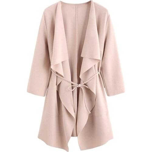Folding Waterfall Collar Pocket Front Wrap Work Wear Trench Peach 3/4 Sleeve Apricot Knee Length With Belts Office Women Coat