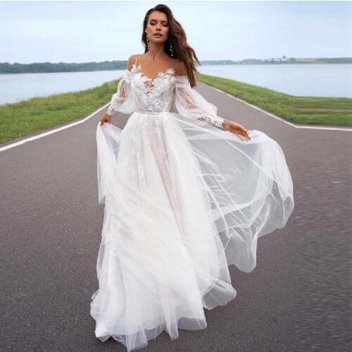 A-line Beach Wedding Dress 2020 Long Sleeves vestido de novia Sweep Train Bridal Dress Princess Bridal Gowns Boho Plus Size
