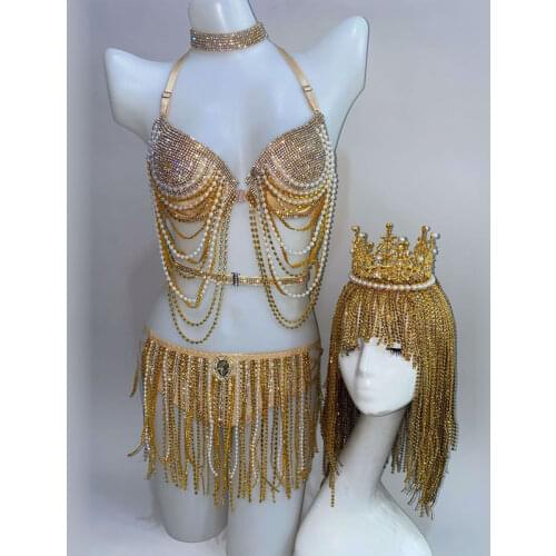 Golden rhinestone tassel bikini suit bar nightclub DJ GOGO dance stage performance outfit festival rave crown wig