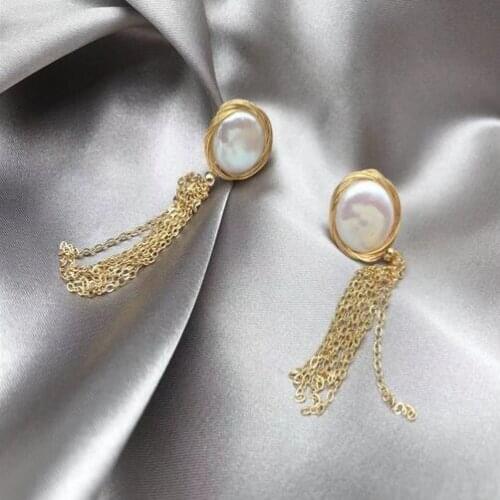 14k Gold Mesh jewelry 100% Natural freshwater button Pearl Baroque Earring 925 sterling Silver hook drop pair
