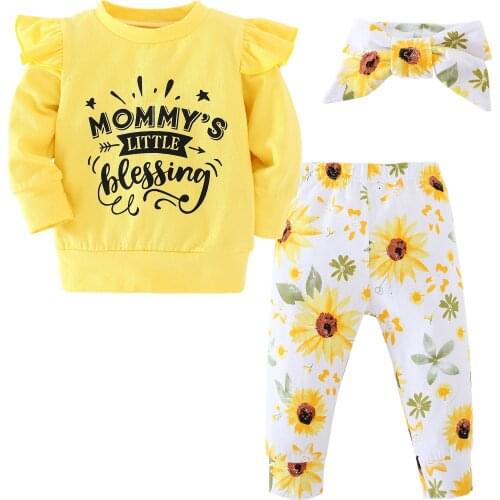 3pcs/set Newborn baby girl clothes Cotton long sleeve T-shirt and Floral printed trousers and Headband baby girl clothing set