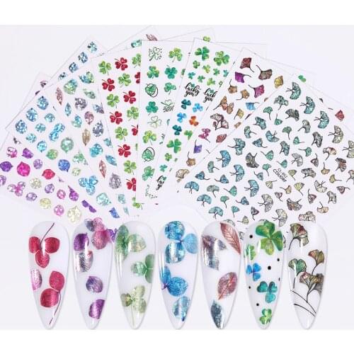 1PC Laser 3D Nail Stickers Fan Leaf Dried Flower Shiny Sliders Nail Art Decorations Lucky Clover Pattern Foil Nail Art Manicure