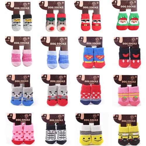 4pcs/Set Cute Soft Pet Puppy Socks Non-Slip Knit with Cartoon Print Socks Indoor for Small Dogs Wear Slip On Paw Protector S/M/L
