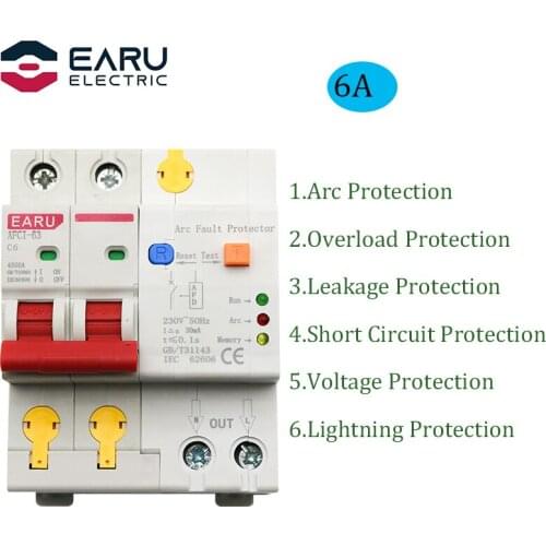 6A 2P AFDD AFCI Arc Fault Protector Dector Circuit Breaker Interrupte Overload Earth Leakage Short Circuit Voltage Protection