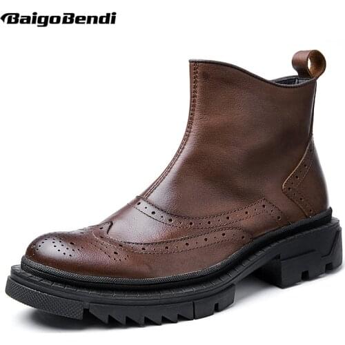 OH MY GOD!! SO Cool!! Men Winter Ankle Boots Soft Genuine Leather Elegant Carved Motorcycl Boots Man Brogue Shoes Thick Heel