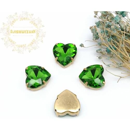 Hot sale Emerald Heart Glass Crystal sew on rhinestones with gold claw Diy wedding dress accessories Free shipping