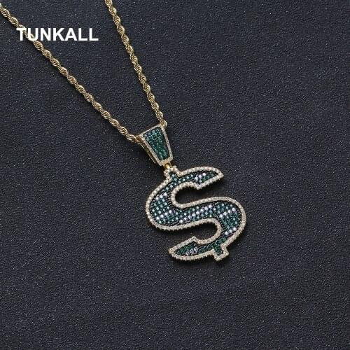 TUNKALL Brass green Cubic Zircon Dollar $ shape Pendants hip hop necklace For Men and women CN256