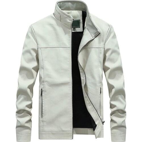 Mens White Pu Leather Biker Jacket Motorcycle Plus Size 4XL Mens Long Sleeve Faux Leather Moto Jacket Casual Stand Collar Boys
