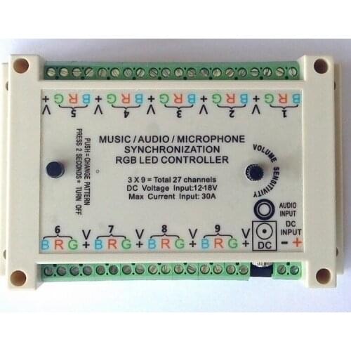 Music Sync controller, sound active, sound to light, audio activate, 3*9groups = 27 channels, DC 12V for common anode fixtures