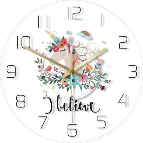 I Believe Rainbow Unicorn Printed Wall Clock Watercolour Fantasy Unicorn With Flower Girls Room Decor Art Silent Hanging Watch