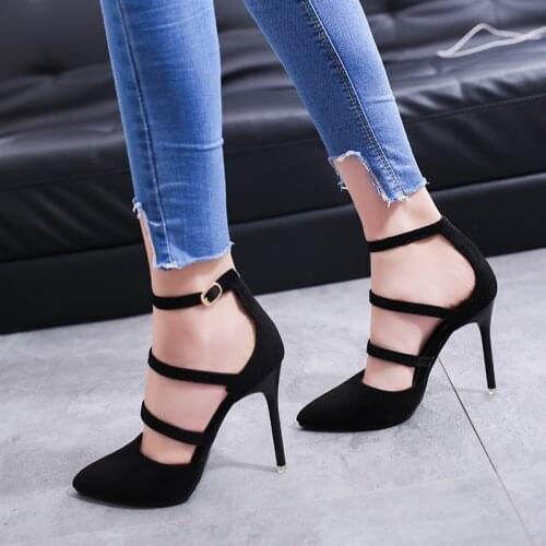 2021 Europe and the United States new fashion pointed high-heeled shoes wild shallow mouth 10CM buckle high-heeled sandals