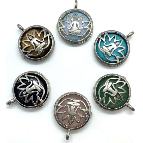 Natural Stone Lotus Shaped Copper Hollow Box Agate Crystal Tiger Eye Stone Amethyst Fashion Yoga Pendant Jewelry Making Necklace