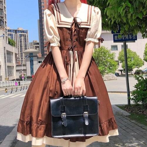 Japanese Lolita Short-Sleeved Dress Vintage Sailor Collar Lace Top Summer Kawaii Sweet Soft Belt Splicing Loli Cosplay Dresses