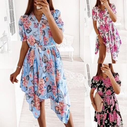 Summer Dress Women Robe Femme Flower Print Irregular Bandage Dresses V-Neck Short Sleeve Y2K Dress For Woman Vestido De Mujer