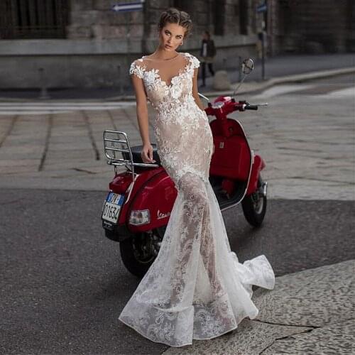 Fabulous Lace Mermaid Wedding Dresses 3D Lace Appliques See Through Nude Sexy Bridal Dress noivas vestidos de noiva