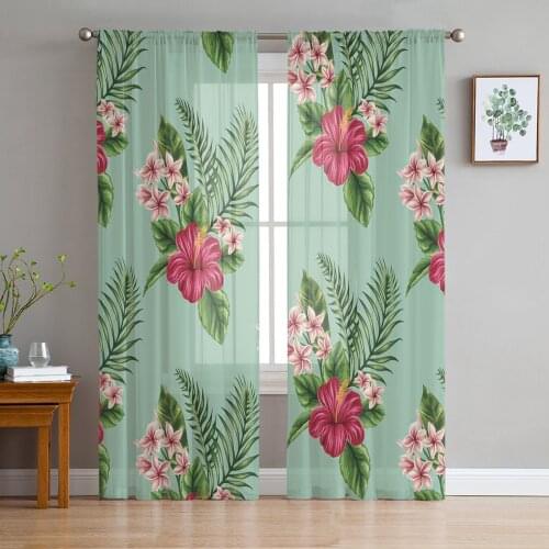 Tropical Plant Leaves Hibiscus Sheer Curtains for Living Room Bedroom Kitchen Tulle for Windows Voile Drapes Home Decoration