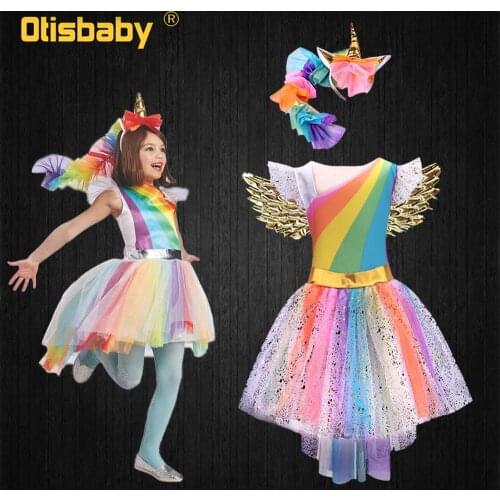 Girl Halloween Rainbow Pony Costume Infant Unicorn Dress Horse Girl Flutter Sleeve Glitter Pony Dress Angel Wings Headband Kids