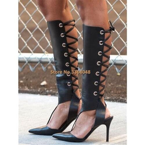 Lace Up Hollow Roma Boots Knee High Sexy Pointed Stiletto High Heel Cut Out Hollow Shoes T Strap Tie Up Sandal Boots