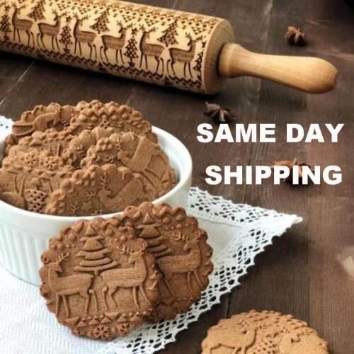 Christmas Embossing Rolling Pin Baking Cookies Biscuit Fondant Cake Dough Engraved Roller Reindeer Snowflake