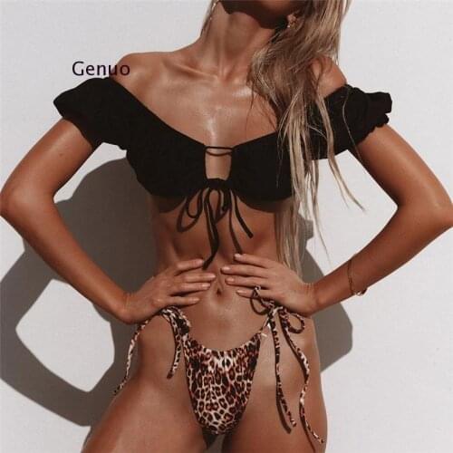 Sexy Leopard Thong Bikini 2021 Swimsuit Women Off Shoulder Swimwear High Cut Extreme Bikini Set Female Bathers Bathing Suit