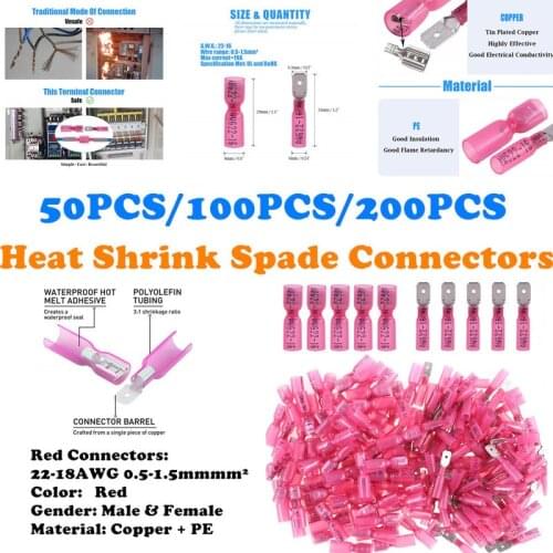 200/100/50PCS Spade Seal Heat Electrical Shrink Quick Disconnect Wire Butt Terminals Connectors Kit Male/Female Red InsuSRted