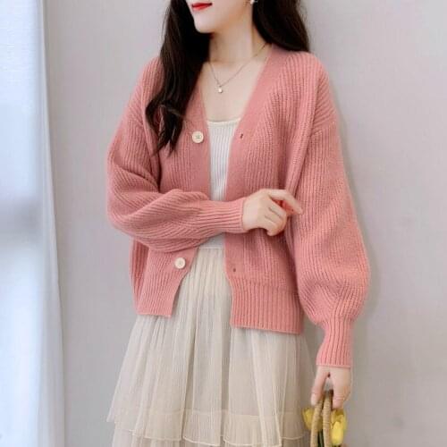 OHRYIYIE Short V-Neck Single Breasted Cardigan Sweater 2021 Autumn Winter Loose Fashion All-match Knitted Cardigans Coat Female