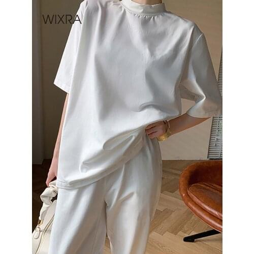 Wixra Womens Spring Stylish Sets Short Sleeve Tee + Elastic Waist Harem Pants Soft High Street Suits Summer